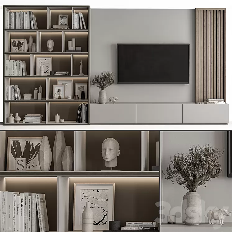 TV Wall Wood and Gray - Set 48 3D Model Free
