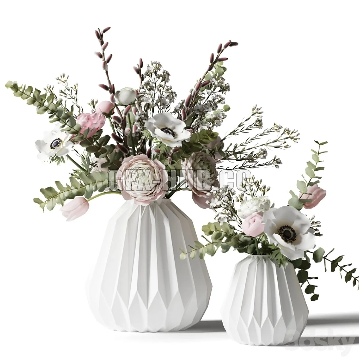 Two bouquets in white ribbed vases 3D Model