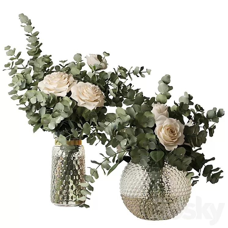 Two bouquets of roses and eucalyptus branches in glass mottled vases 3D Model