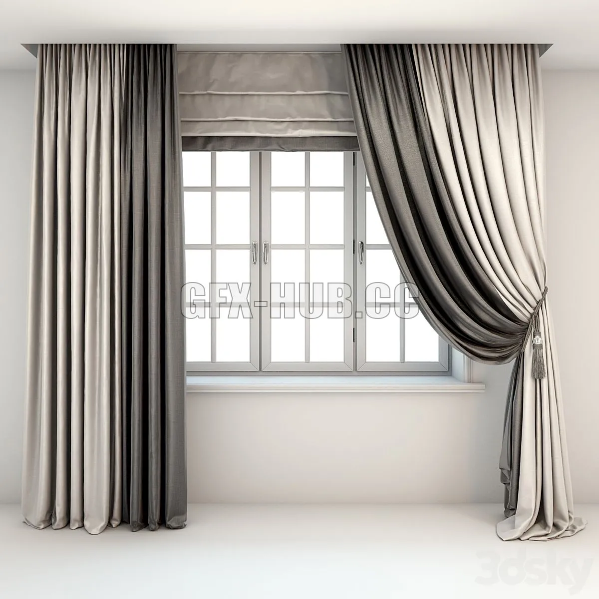 Two-color curtains the floor is straight and with a pick-up brush and Roman curtains and a window 3D Model