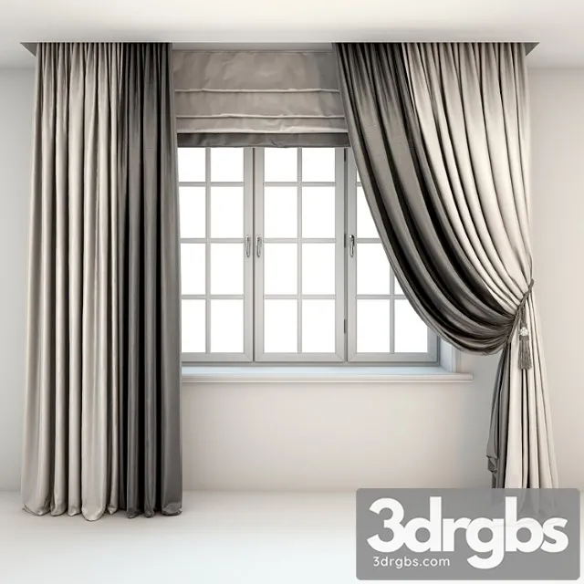 Two-color curtains the floor is straight and with a pick-up brush roman curtains and a window 3D Model Free
