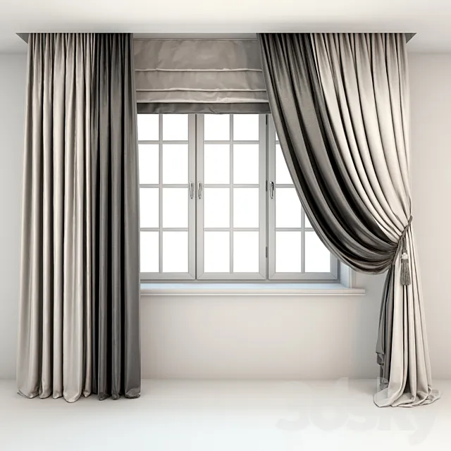 Two-color curtains the floor is straight and with a pick-up brush Roman curtains and a window 3D Model