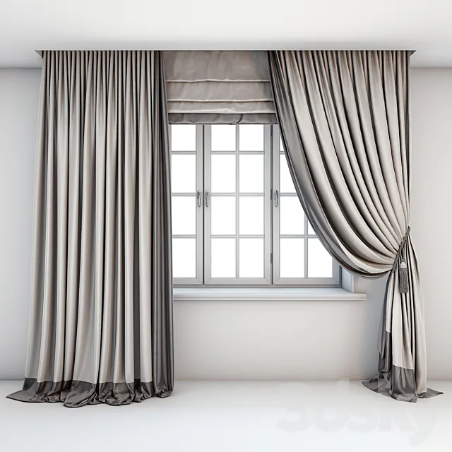 Two-color light curtains in the floor are straight and with a pick-up brush with a dark edging Roman curtains and a window with layouts. 3D Model
