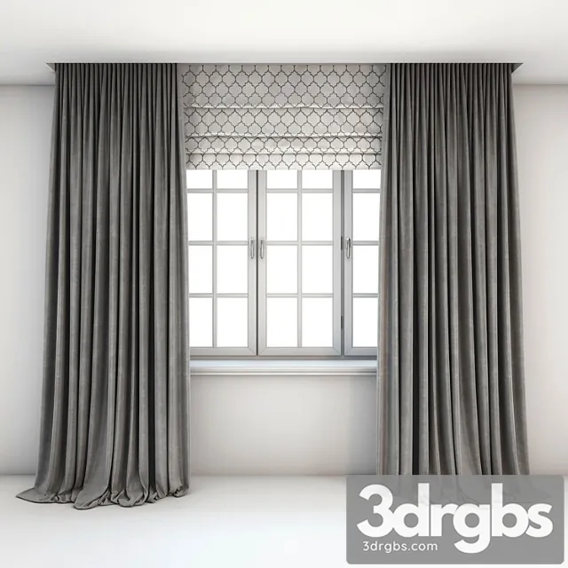 Two-color straight gray curtains in the floor roman curtains with a yarrow pattern and a window with layouts. 3D Model Free