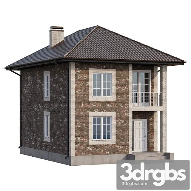 Two-storey brick house with a porch and a balcony - 4 colors 3D Model Free