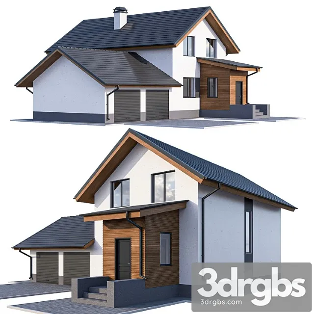 Two-storey cottage with a garage and a vestibule 3D Model Free
