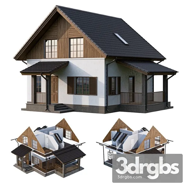 Two-storey country house with a porch and a terrace 3D Model Free