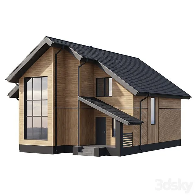 Two Storey Wooden House With A Complex Pitched Roof 3D Model