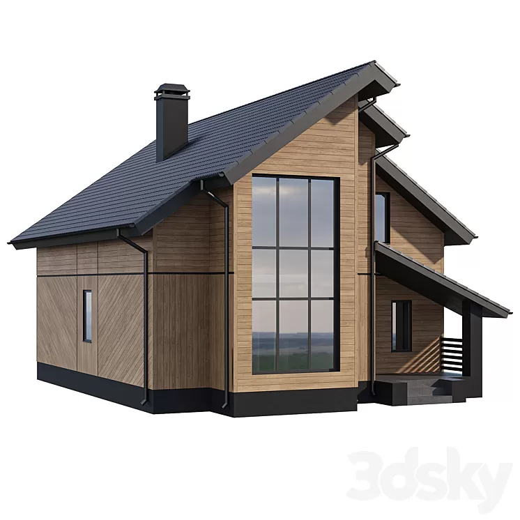 Two-storey wooden house with a complex pitched roof 3D Model