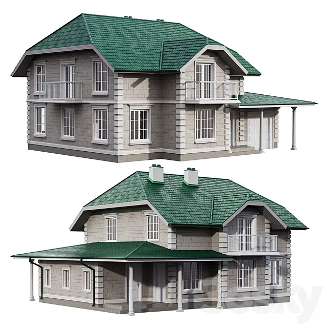 Two-story house in a classic style with facade stucco and columns 3D Model