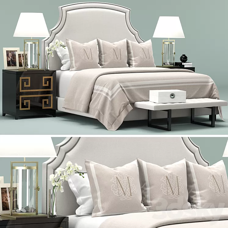 Upholstered White Headboard Bed 3D Model