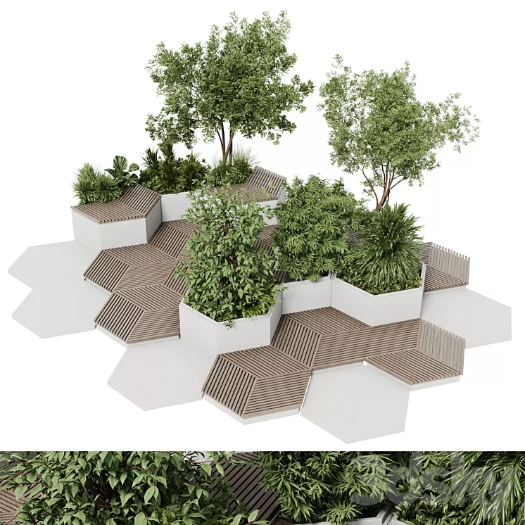Urban Environment - Urban Furniture - Green Benches With tree 42 3D Model