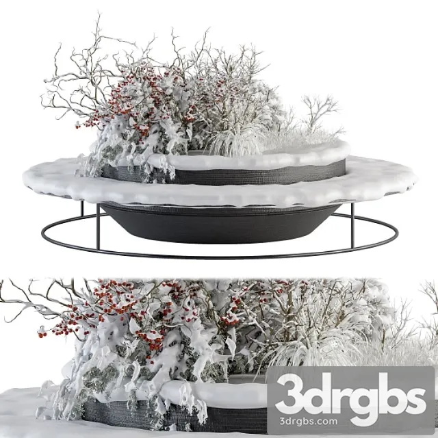 Urban furniture snowy bench with plants- set 15 3D Model Free