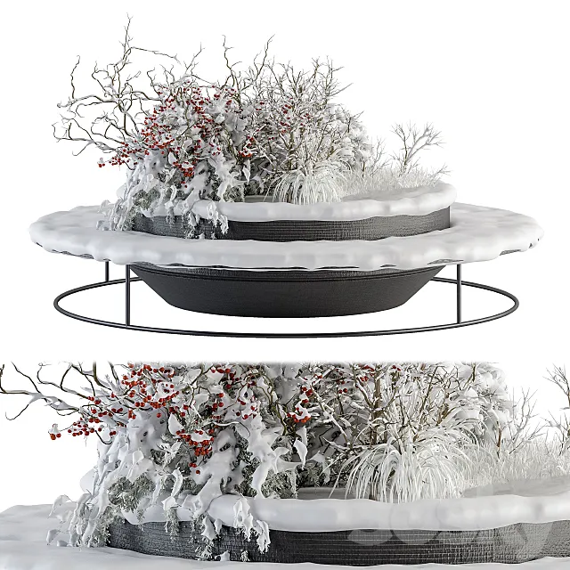 Urban Furniture snowy Bench with Plants- Set 15 3D Model