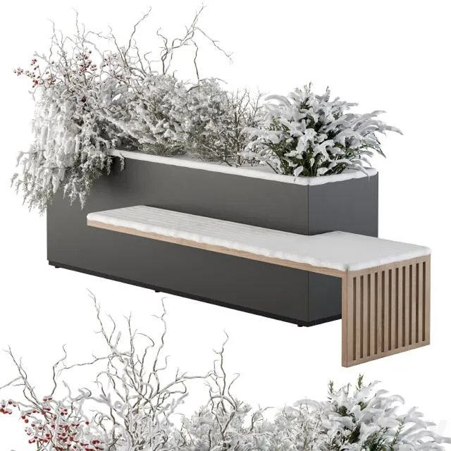 Urban Furniture snowy Bench with Plants- Set 30 3D Model