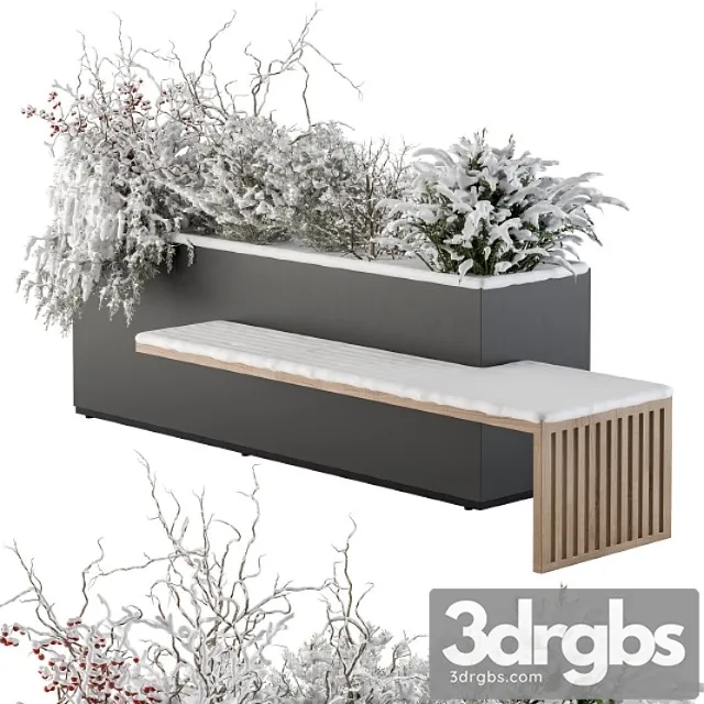 Urban furniture snowy bench with plants- set 30 3D Model Download