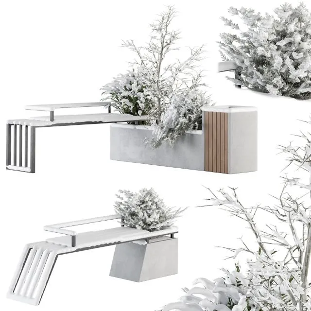 Urban Furniture snowy Bench with Plants- Set 33 3D Model