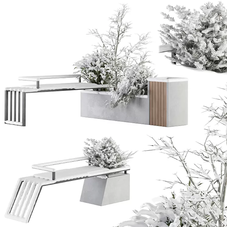 Urban Furniture snowy Bench with Plants- Set 33 3D Model