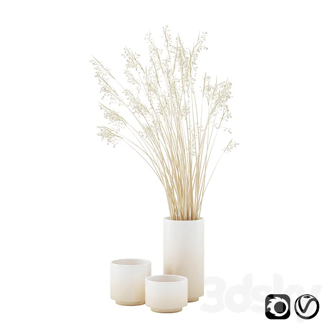 Vase set with dry grass 3D Model