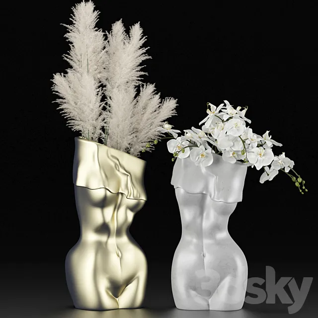 Vases in the form of a female body with bouquets of pampas grass and orchids 3DModel
