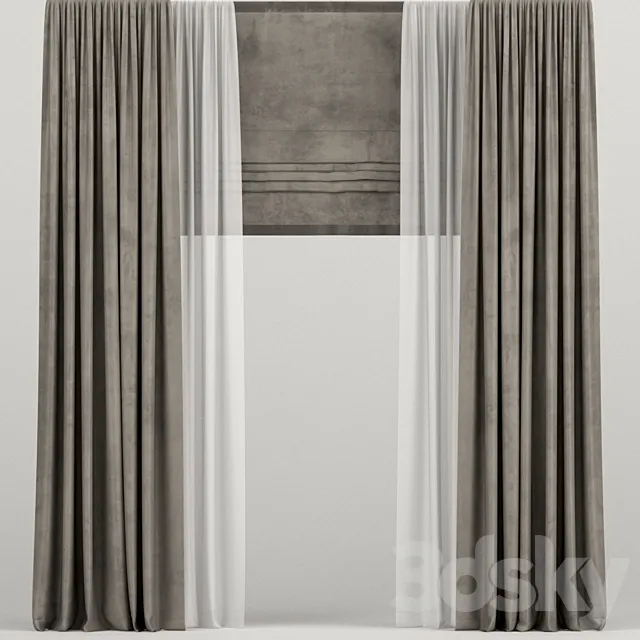 Velvet brown curtains with Roman and tulle. 3D Model