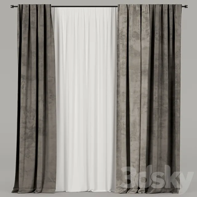 Velvet curtains with tulle. 3D Model