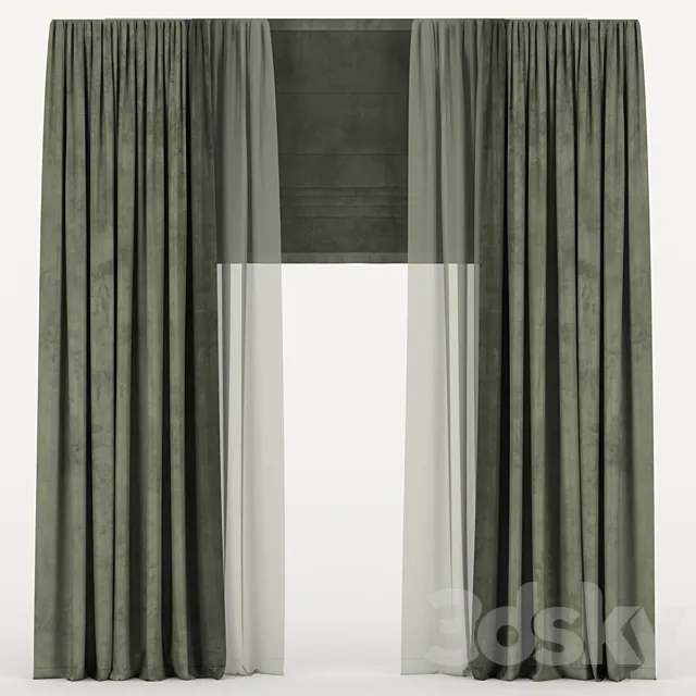 Velvet curtains with tulle and roman blind 3D Model