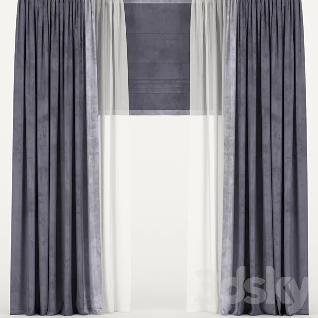 Velvet curtains with tulle and roman blinds. 3D Model