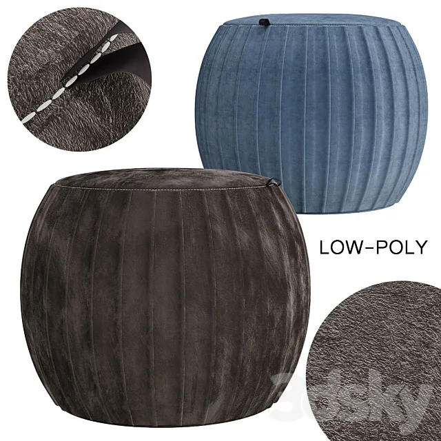 Velvet Pleated Round Pouf Ottoman 3D Model