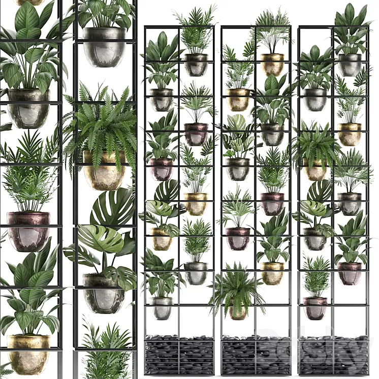 Vertical gardening. 27. Shelf with plants rack fern areca palm monstera loft indoor plants vertical garden phytowall phytomodule pots eco design Raphis palm 3D Model