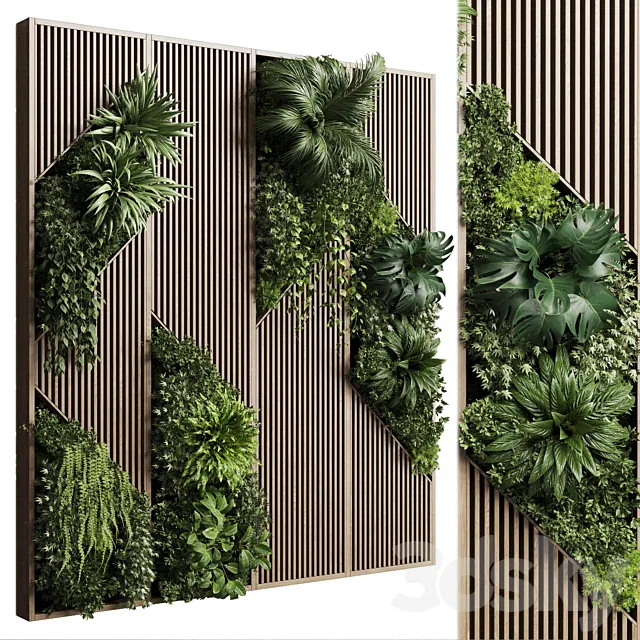 Vertical Wall Garden With Wooden frame - collection of houseplants indoor 41 3D Model