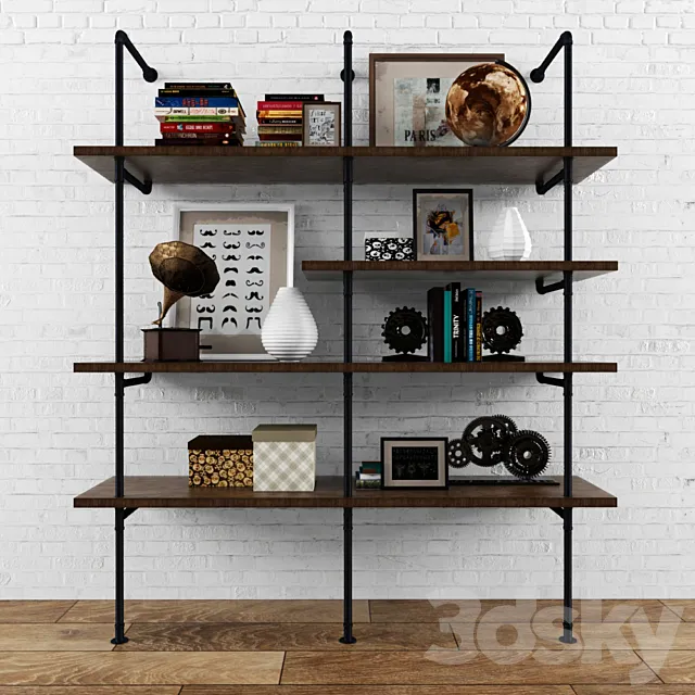 Vintag shelves loft wiht decor set 3D Model