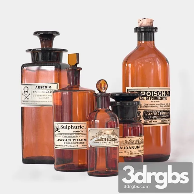 Vintage Poison Bottles 3D Model Free