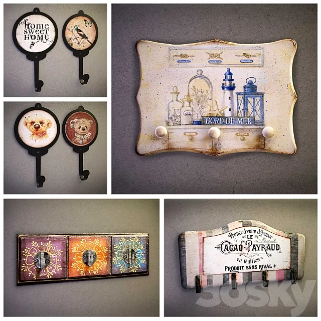 Wall hangers for clothes keys bags towels 3D Model