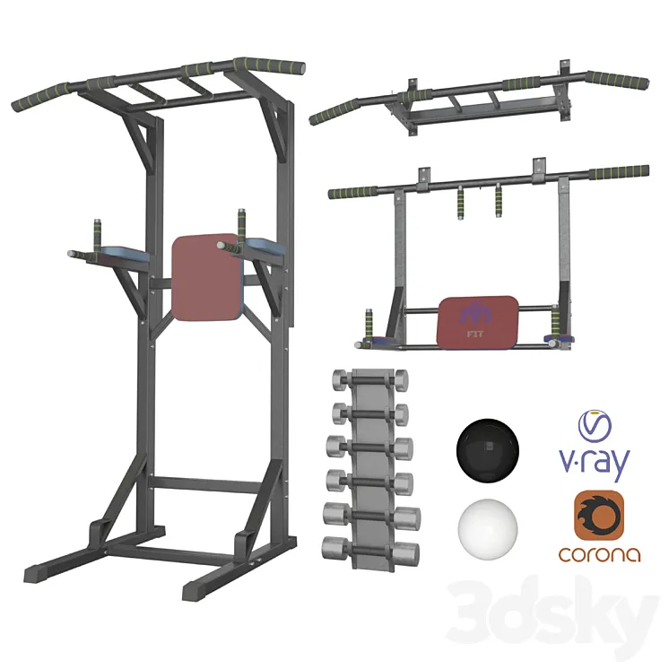 Wall horizontal bar horizontal bar 3 in 1 and Dumbbells 3D Model Free