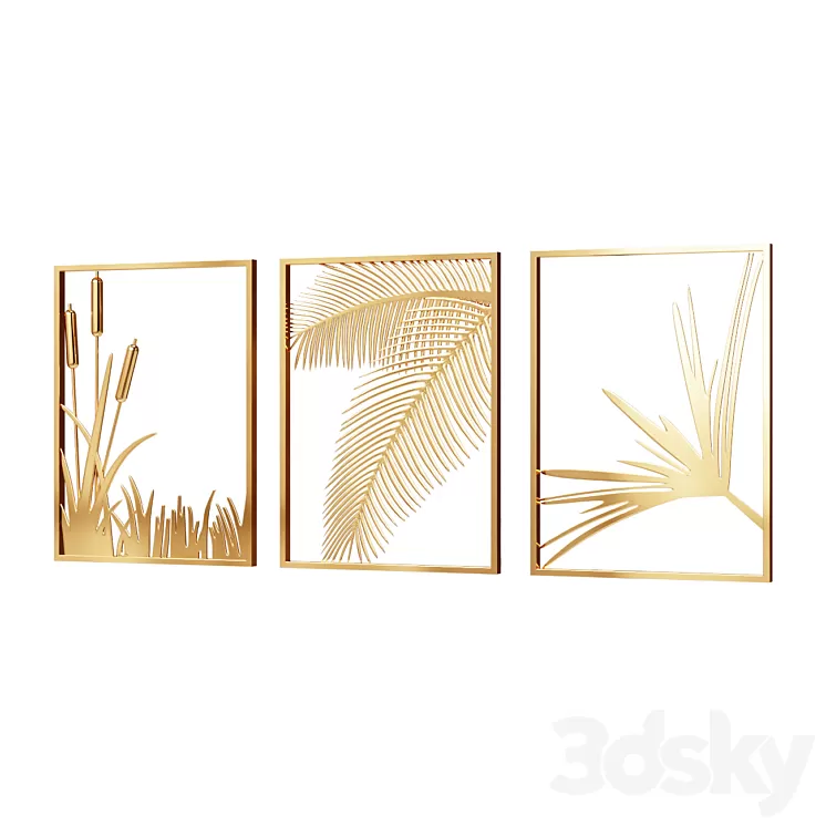 Wall Picture 3 Pieces Modern Gold Metal Wall Decor Plant Art with Rectangle Frame Wall Decor 3D Model Free