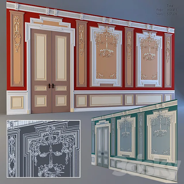 Wall with mouldings and door 3D Model