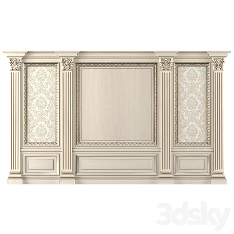 Wall wood boiserie paneling with Wallpaper 3D Model