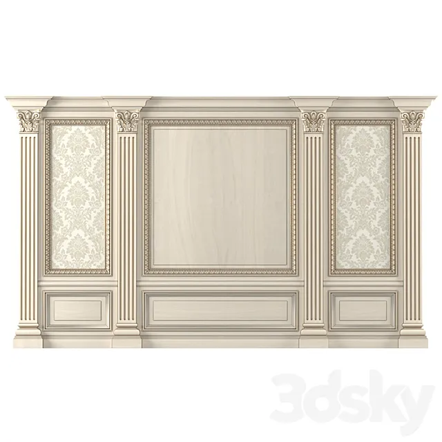Wall wood boiserie paneling with Wallpaper 3DModel