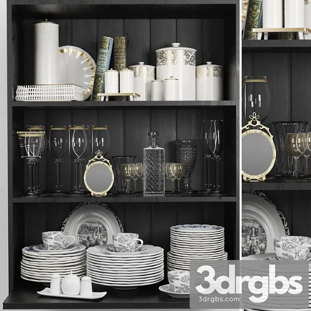 Wardrobe with a set of dishes and a crystal service in a classic style 3D Model Free