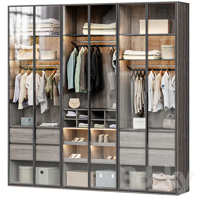 Wardrobe with glass doors 02 filled with clothes 3D Model