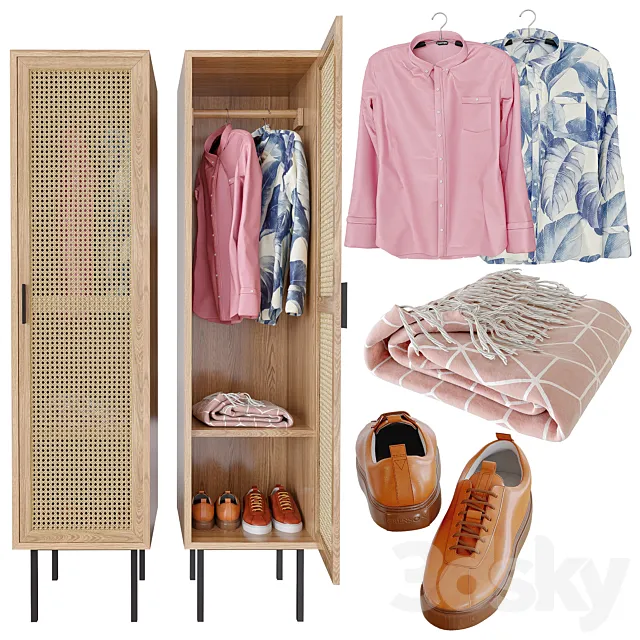 WASKA Wardrobe with hangers with 1 wicker door 3D Model