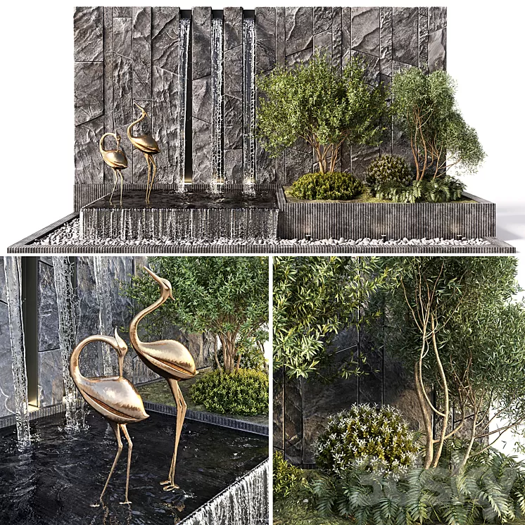 Water falls with Stonewall Plants & birds 3D Model