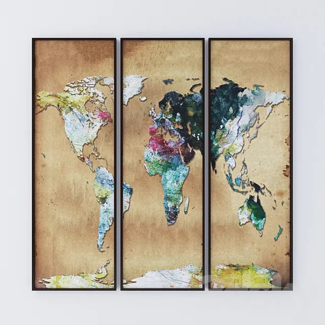 Watercolor Map Wall Art Set Of Three 3D Model