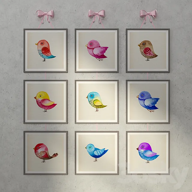 Watercolor painting with birds 9 pcs 3DModel