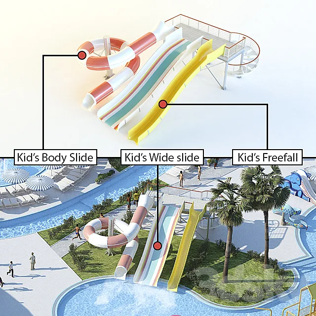 Waterslides: Kid's Body Slide Kid's Wide slide Kid's Freefall 3D Model