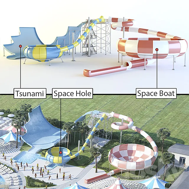 Waterslides: Tsunami. Space Hole. Space Boat. 3DModel