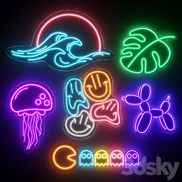 Wave|Monstera|Smile|Jellyfish|Pacman|Ballon Dog Neon Signs 3D Model Free