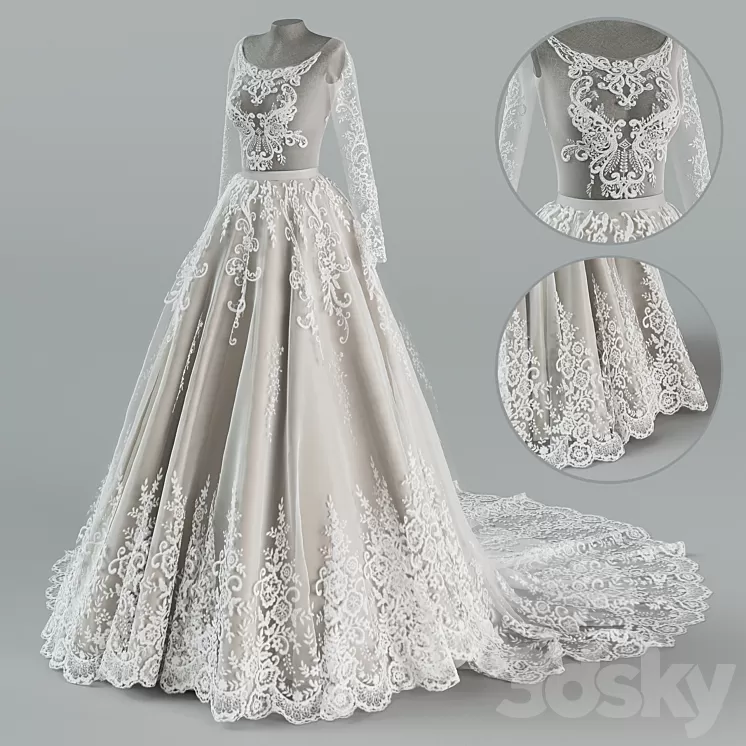 Wedding dress with train 3D Model