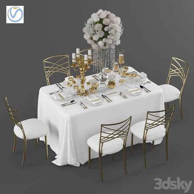 Wedding table for 6 persons 3D Model
